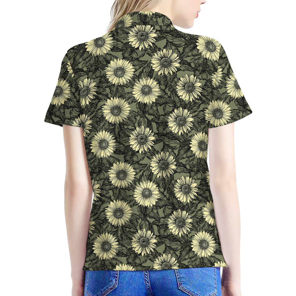 Dark Sunflower Pattern Print Women's Polo Shirt
