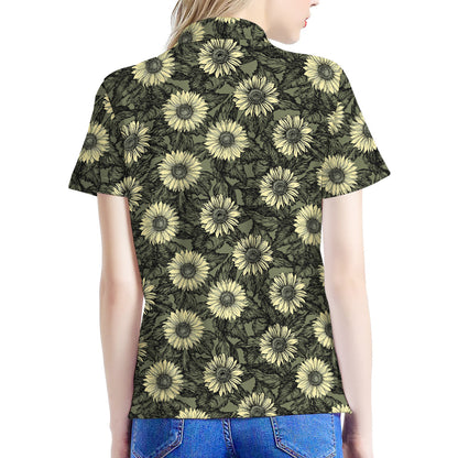 Dark Sunflower Pattern Print Women's Polo Shirt