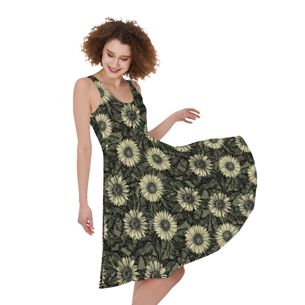 Dark Sunflower Pattern Print Women's Sleeveless Dress