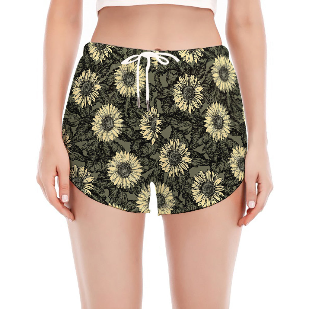 Dark Sunflower Pattern Print Women's Split Running Shorts