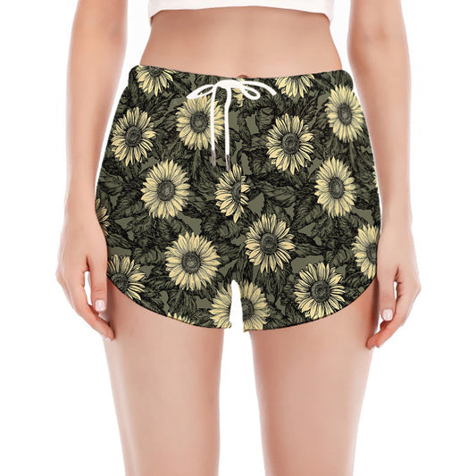 Dark Sunflower Pattern Print Women's Split Running Shorts