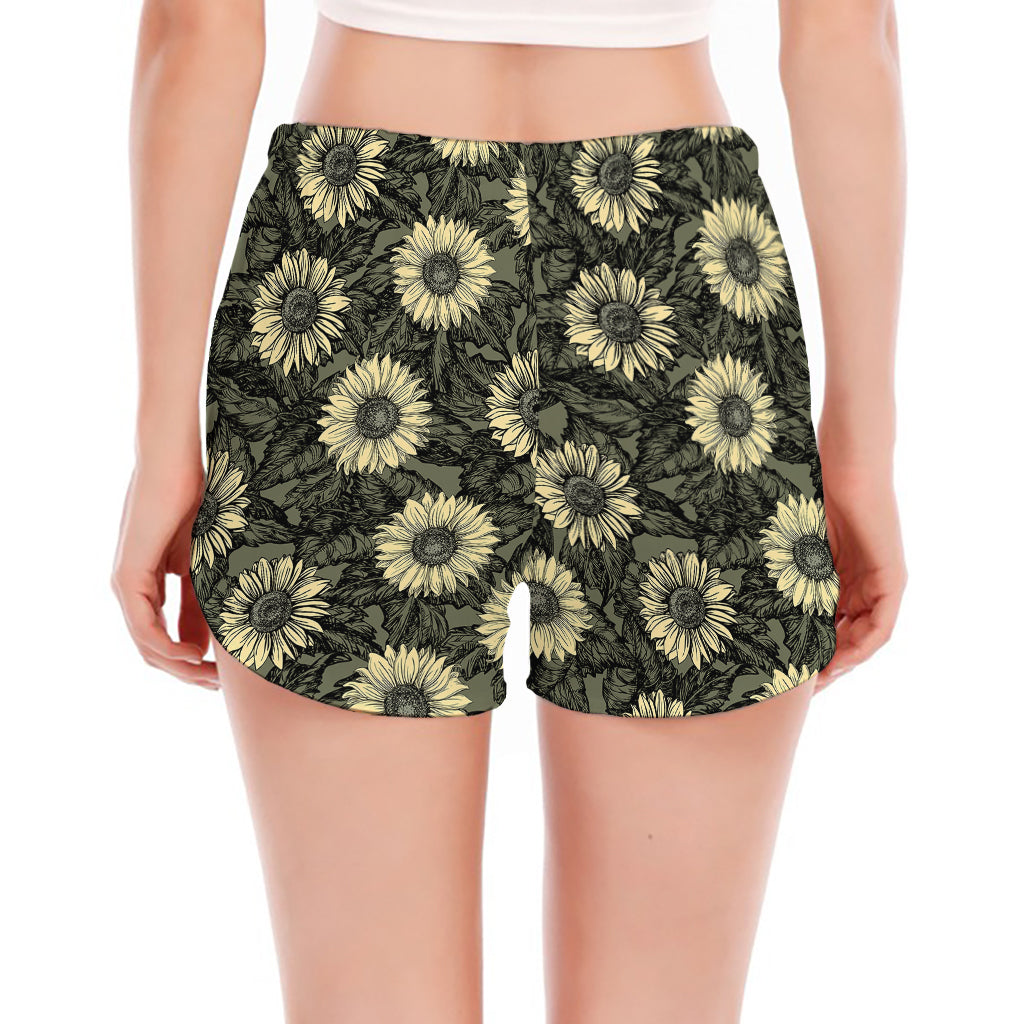 Dark Sunflower Pattern Print Women's Split Running Shorts
