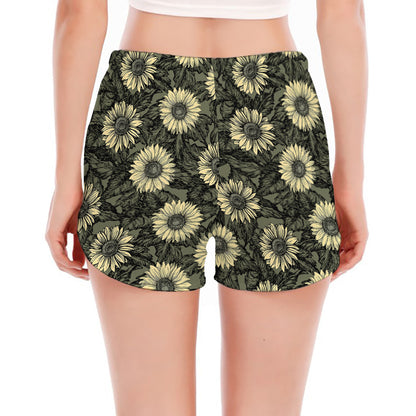 Dark Sunflower Pattern Print Women's Split Running Shorts