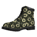 Dark Sunflower Pattern Print Padded Collar Lace Up Boots
