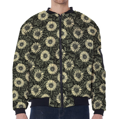 Dark Sunflower Pattern Print Zip Sleeve Bomber Jacket