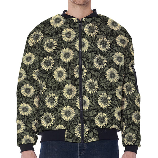 Dark Sunflower Pattern Print Zip Sleeve Bomber Jacket