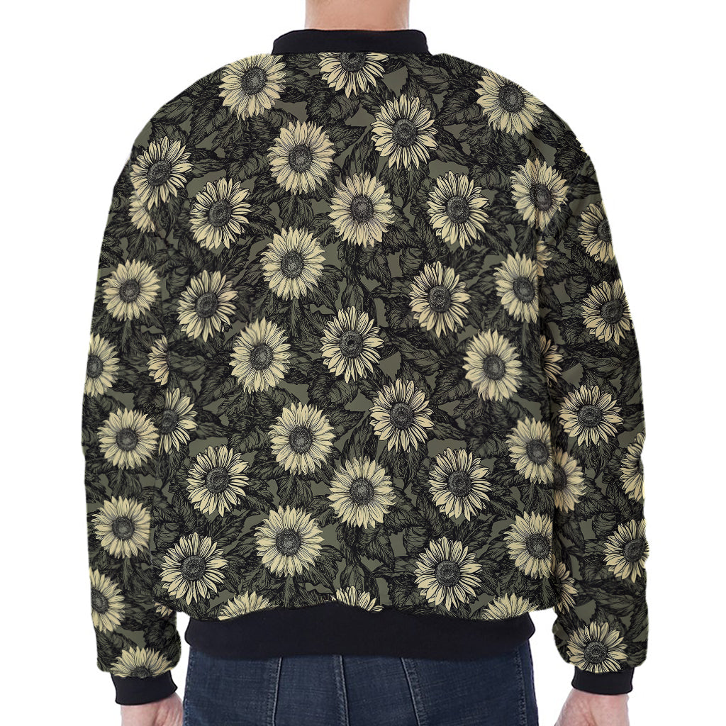 Dark Sunflower Pattern Print Zip Sleeve Bomber Jacket
