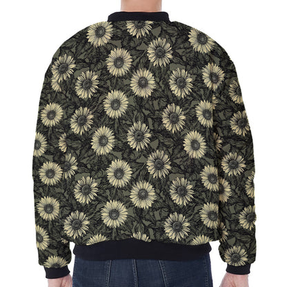 Dark Sunflower Pattern Print Zip Sleeve Bomber Jacket