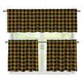 Dark Tan And Black Check Pattern Print 3 Piece Kitchen Curtains