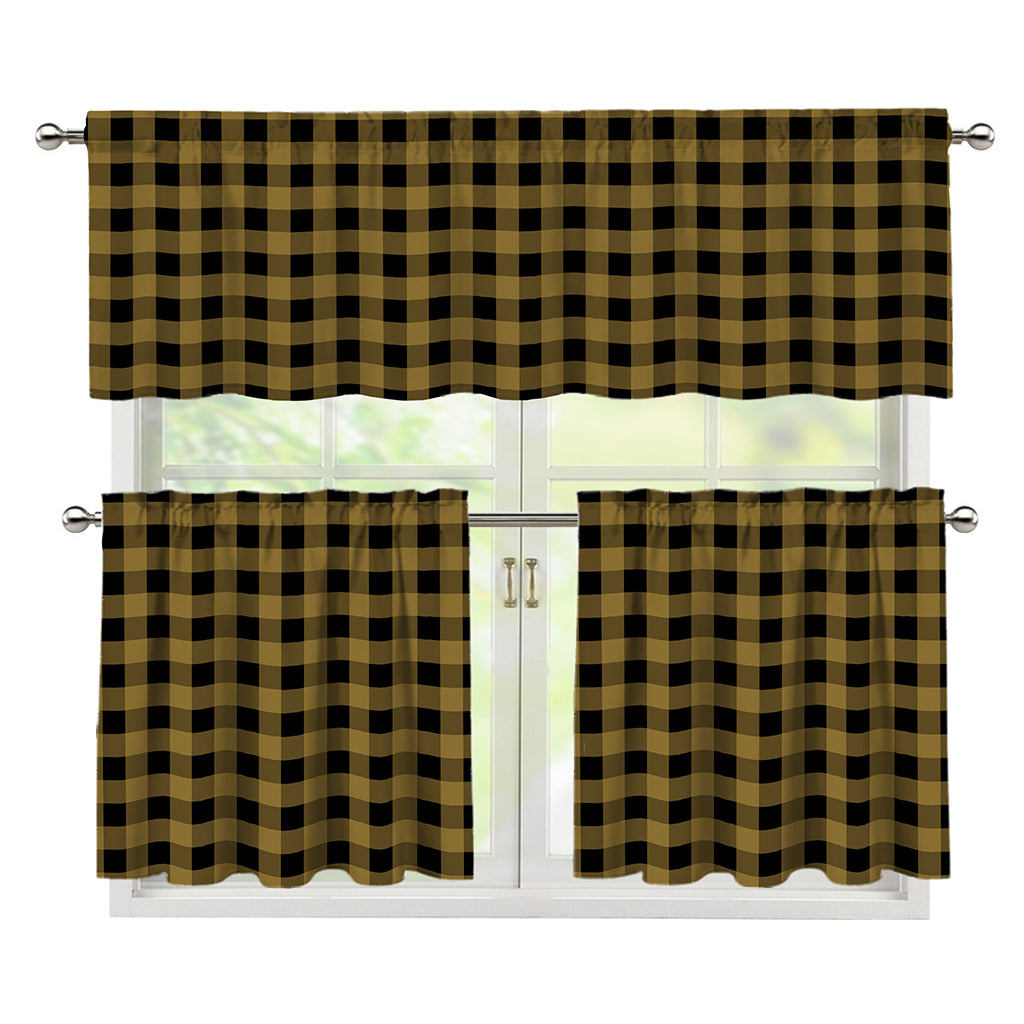 Dark Tan And Black Check Pattern Print 3 Piece Kitchen Curtains