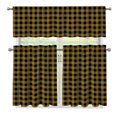 Dark Tan And Black Check Pattern Print 3 Piece Kitchen Curtains