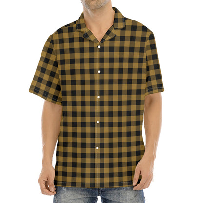 Dark Tan And Black Check Pattern Print Aloha Shirt