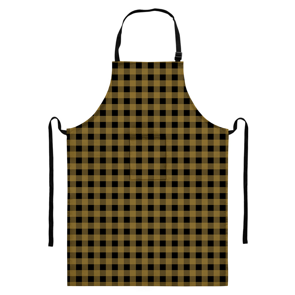 Dark Tan And Black Check Pattern Print Bib Apron With Pocket