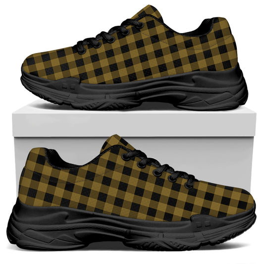 Dark Tan And Black Check Pattern Print Black Chunky Shoes