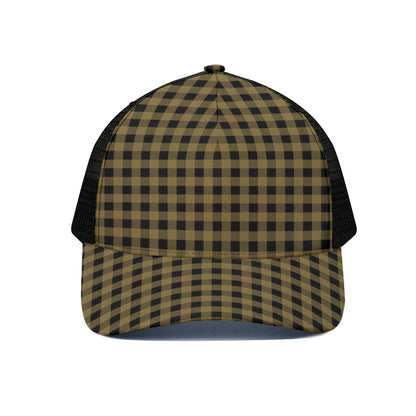 Dark Tan And Black Check Pattern Print Black Mesh Trucker Cap