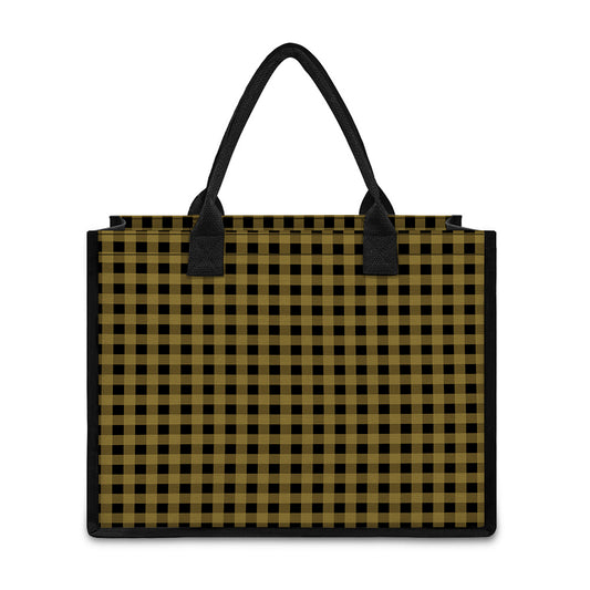 Dark Tan And Black Check Pattern Print Canvas Tote Bag