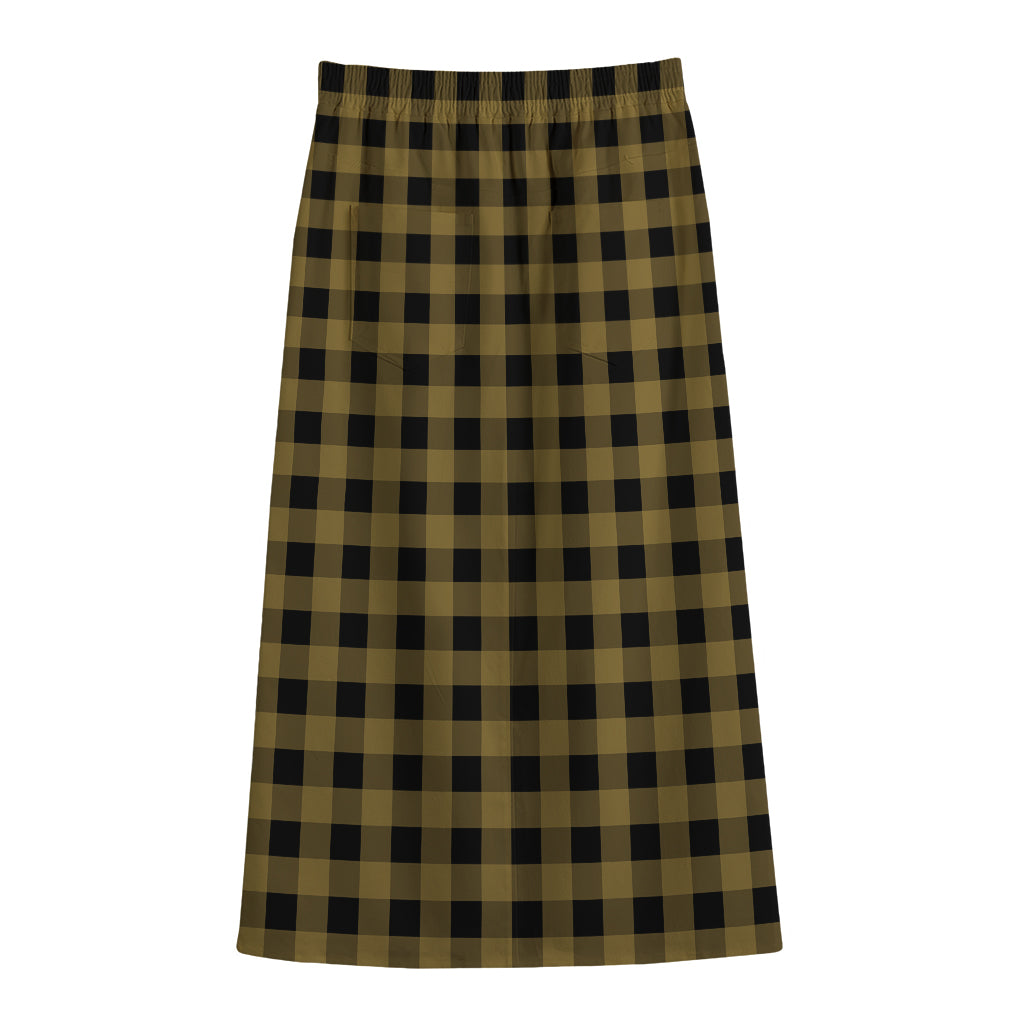 Dark Tan And Black Check Pattern Print Cotton Front Slit Maxi Skirt