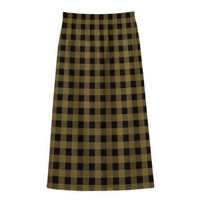 Dark Tan And Black Check Pattern Print Cotton Front Slit Maxi Skirt