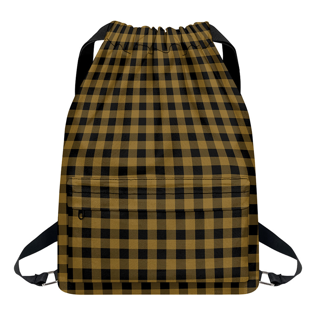 Dark Tan And Black Check Pattern Print Drawstring Backpack