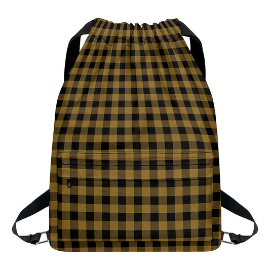 Dark Tan And Black Check Pattern Print Drawstring Backpack