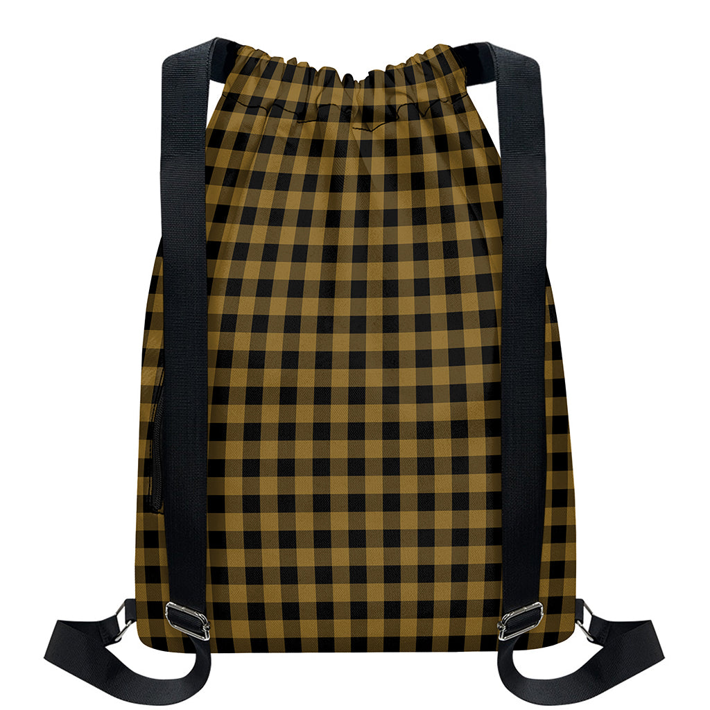 Dark Tan And Black Check Pattern Print Drawstring Backpack