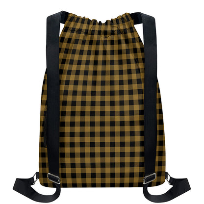 Dark Tan And Black Check Pattern Print Drawstring Backpack