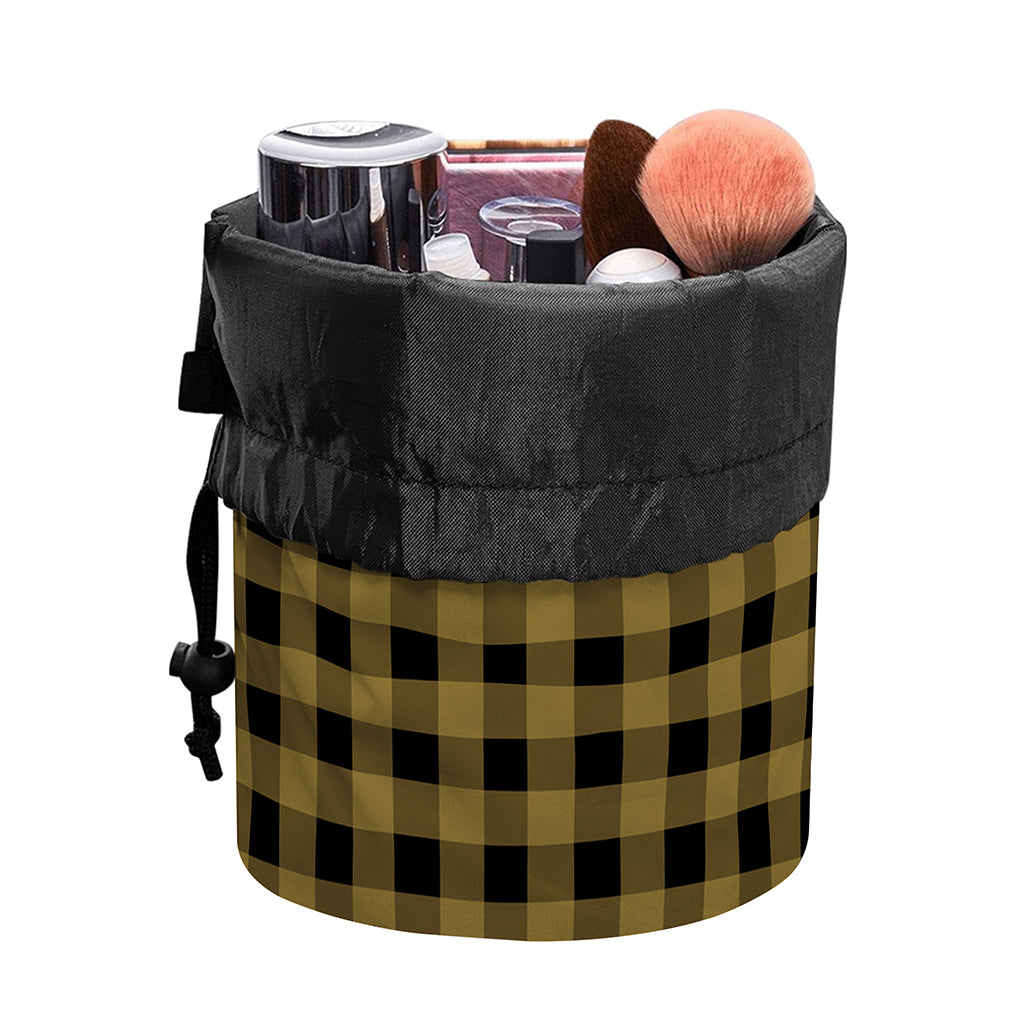 Dark Tan And Black Check Pattern Print Drawstring Makeup Bag