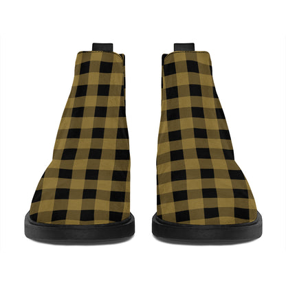 Dark Tan And Black Check Pattern Print Flat Ankle Boots