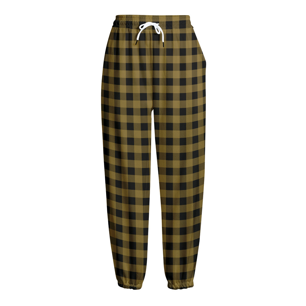Dark Tan And Black Check Pattern Print Fleece Lined Knit Pants