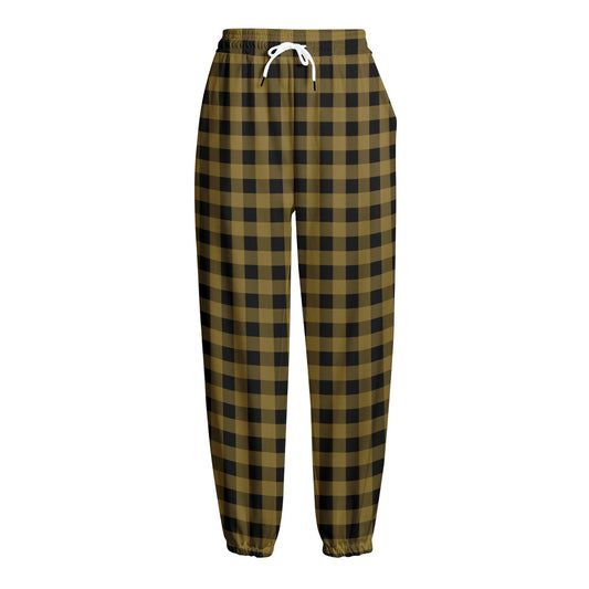 Dark Tan And Black Check Pattern Print Fleece Lined Knit Pants