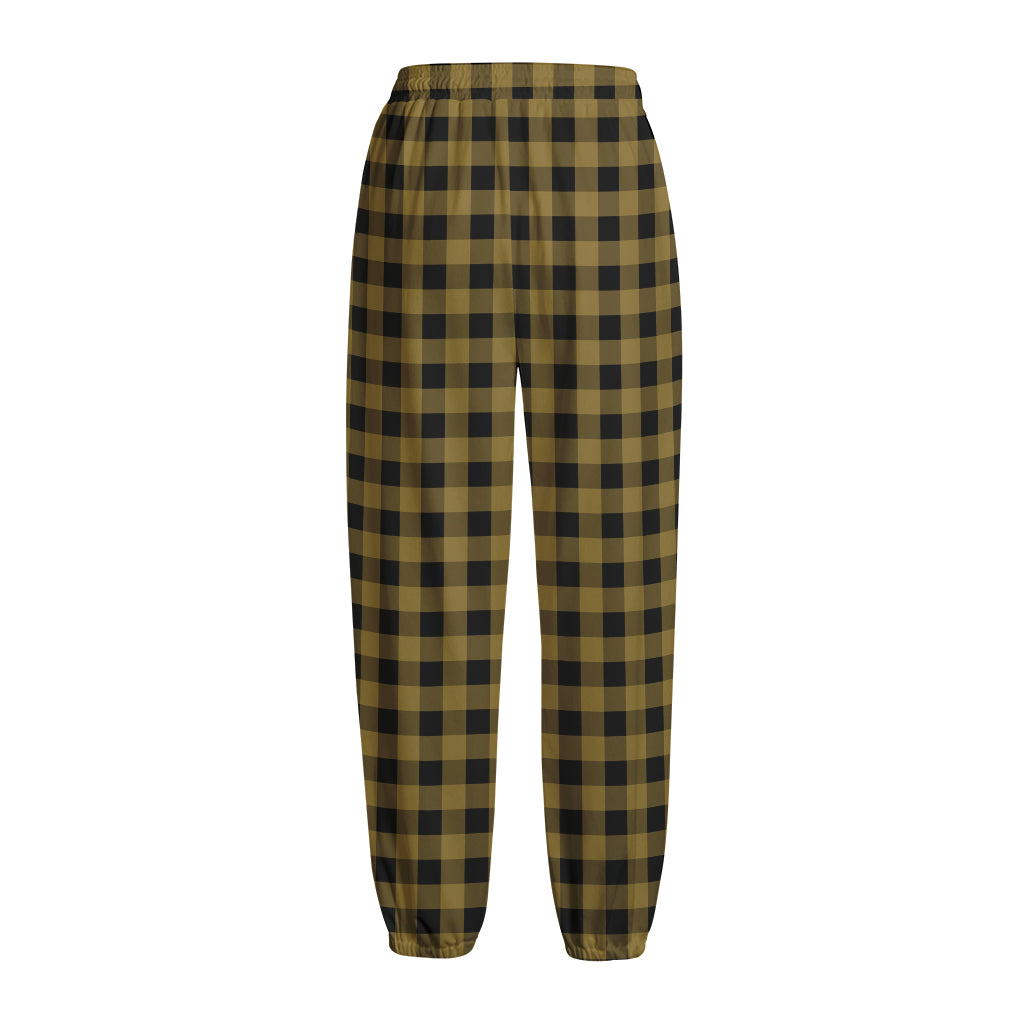 Dark Tan And Black Check Pattern Print Fleece Lined Knit Pants