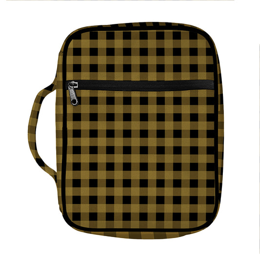 Dark Tan And Black Check Pattern Print Front Pocket Bible Bag