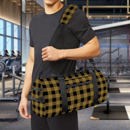 Dark Tan And Black Check Pattern Print Gym Bag