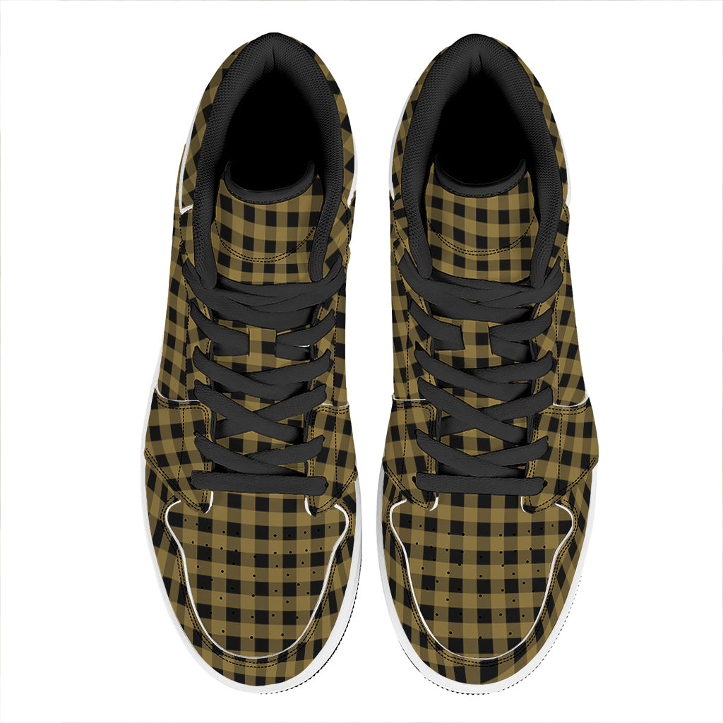 Dark Tan And Black Check Pattern Print High Top Leather Sneakers