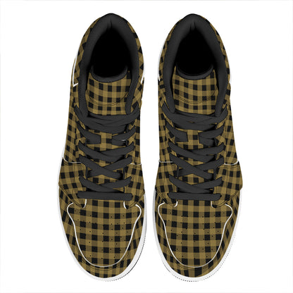 Dark Tan And Black Check Pattern Print High Top Leather Sneakers