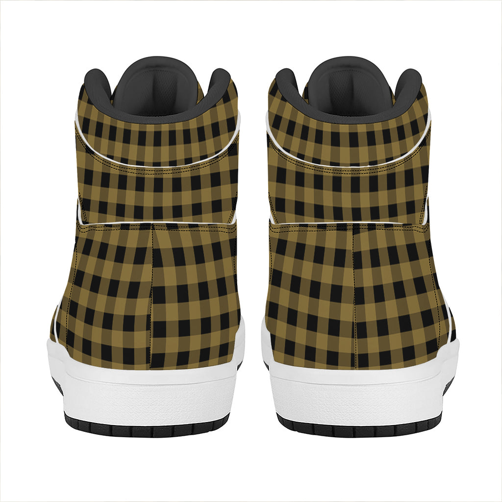 Dark Tan And Black Check Pattern Print High Top Leather Sneakers
