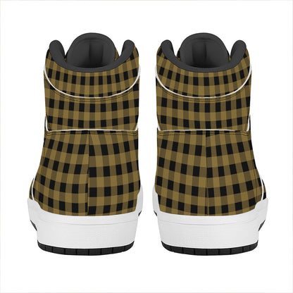 Dark Tan And Black Check Pattern Print High Top Leather Sneakers