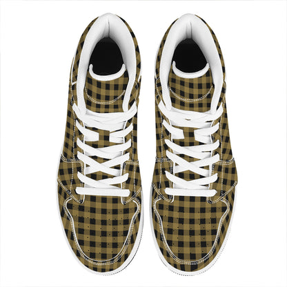 Dark Tan And Black Check Pattern Print High Top Leather Sneakers