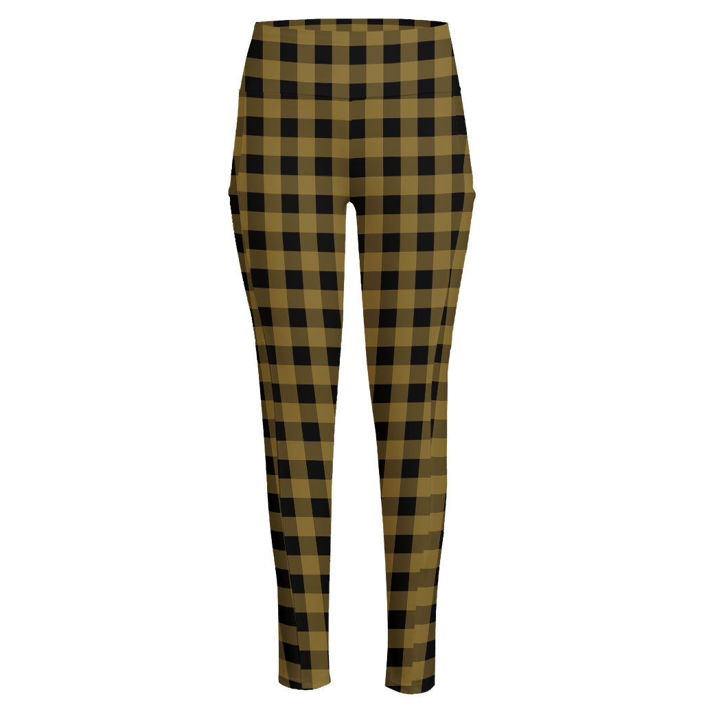 Dark Tan And Black Check Pattern Print High-Waisted Pocket Leggings