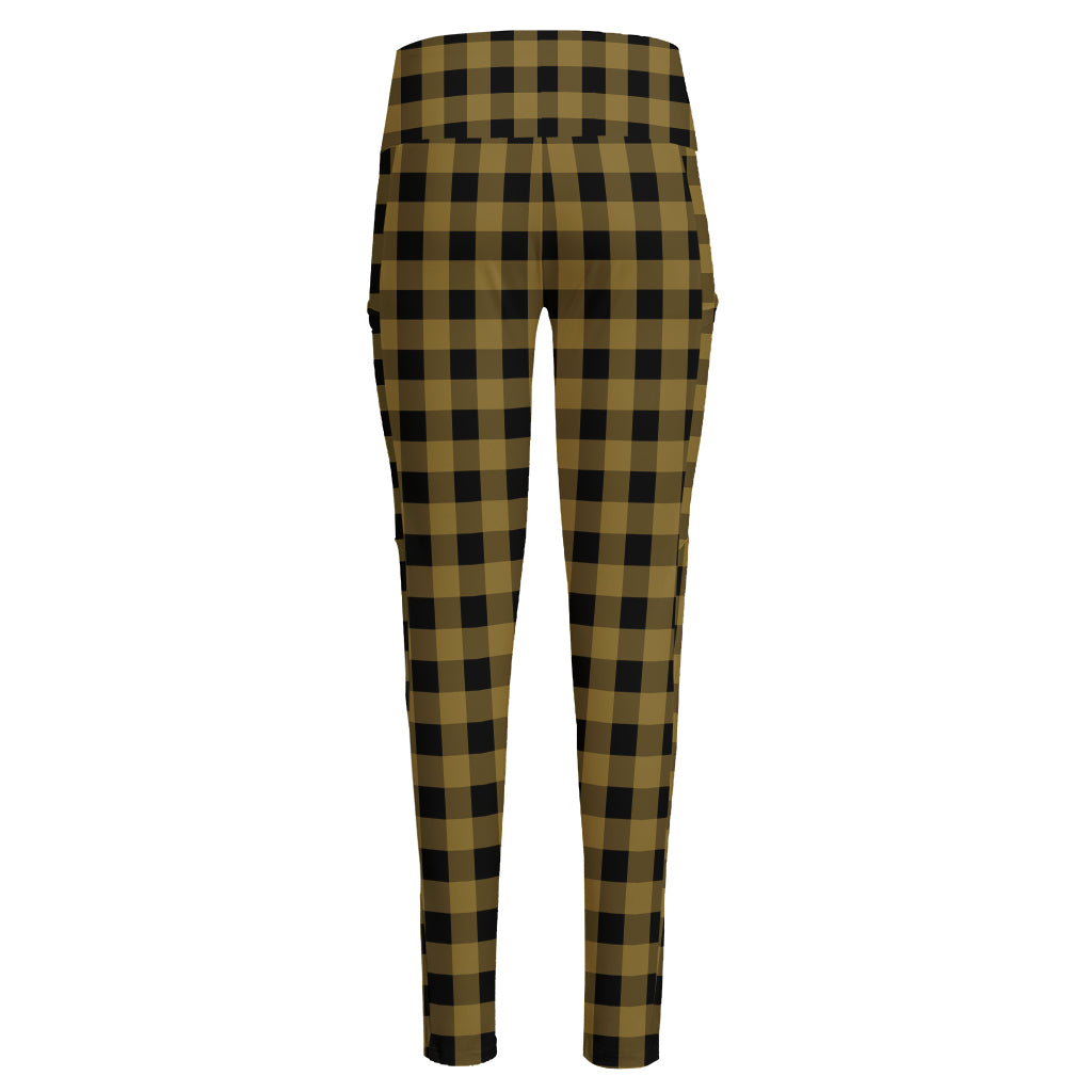 Dark Tan And Black Check Pattern Print High-Waisted Pocket Leggings