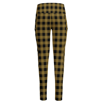 Dark Tan And Black Check Pattern Print High-Waisted Pocket Leggings