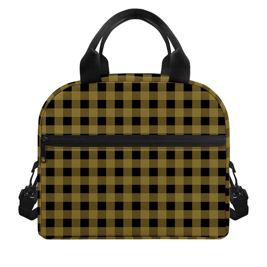 Dark Tan And Black Check Pattern Print Insulated Lunch Bag