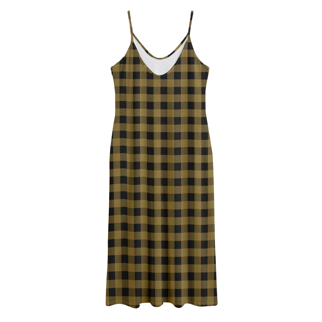 Dark Tan And Black Check Pattern Print Jersey Midi Cami Dress