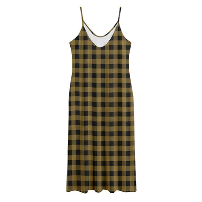 Dark Tan And Black Check Pattern Print Jersey Midi Cami Dress