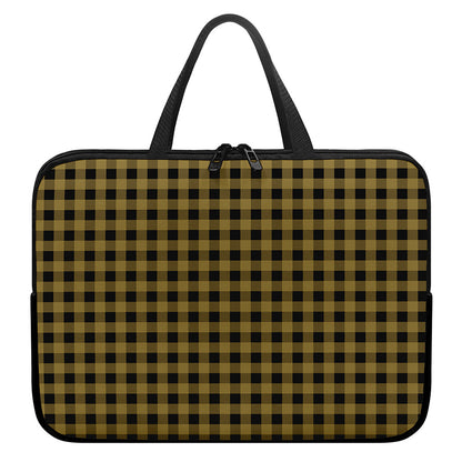 Dark Tan And Black Check Pattern Print Laptop Sleeve With Handle