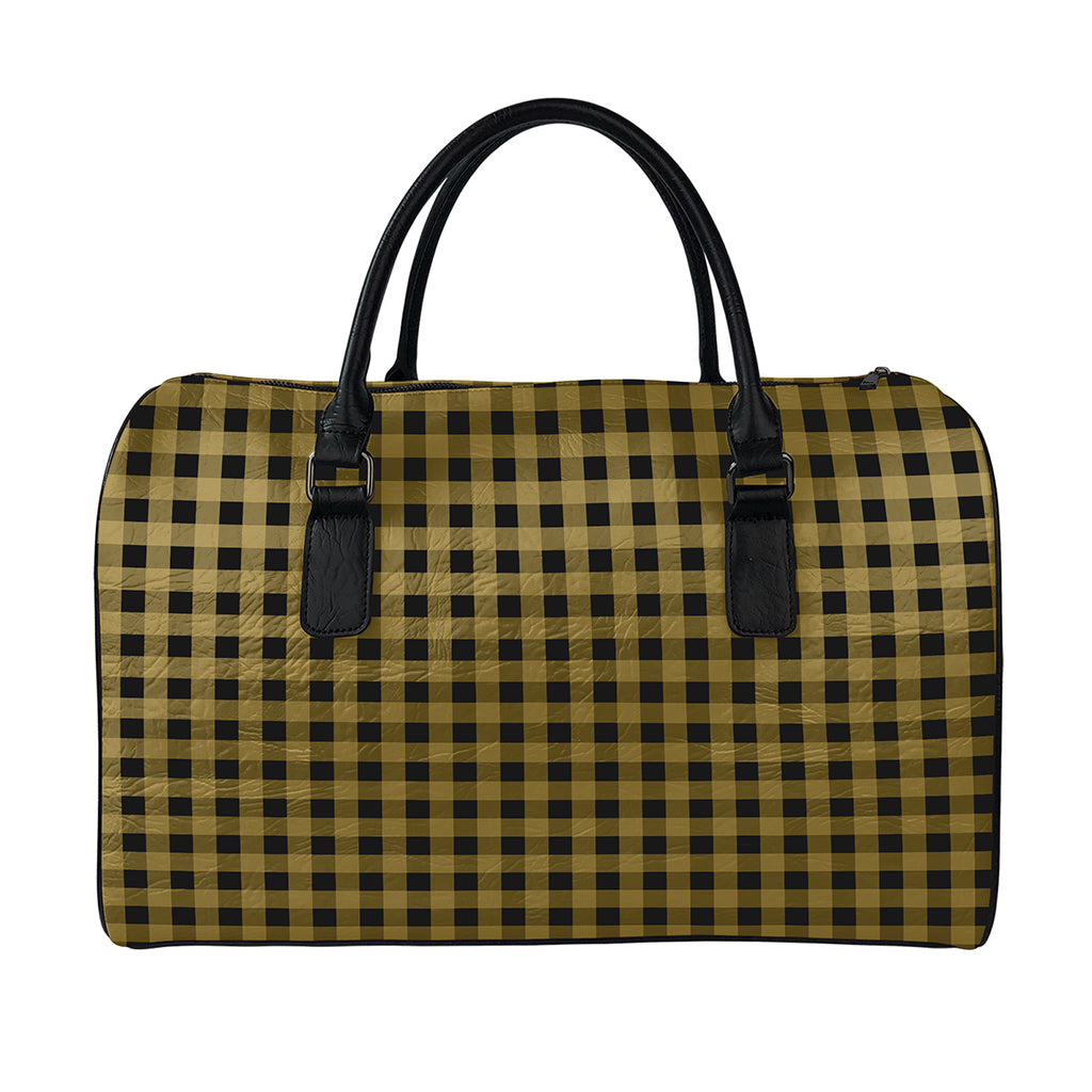 Dark Tan And Black Check Pattern Print Leather Duffle Bag