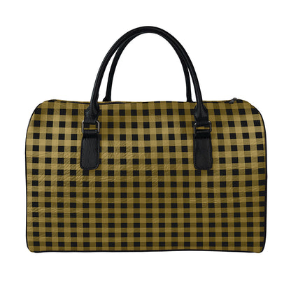 Dark Tan And Black Check Pattern Print Leather Duffle Bag