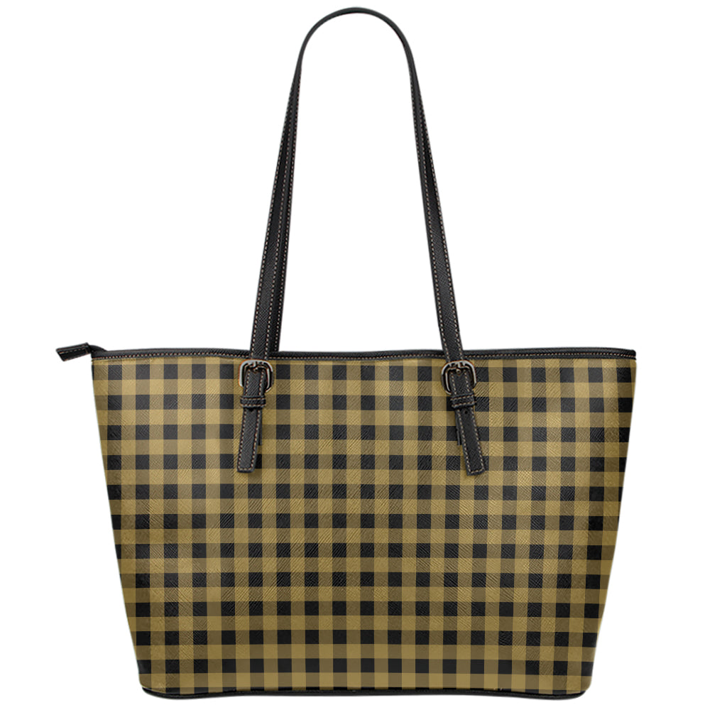 Dark Tan And Black Check Pattern Print Leather Tote Bag