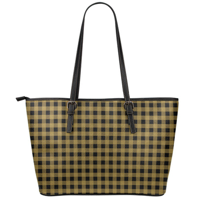 Dark Tan And Black Check Pattern Print Leather Tote Bag