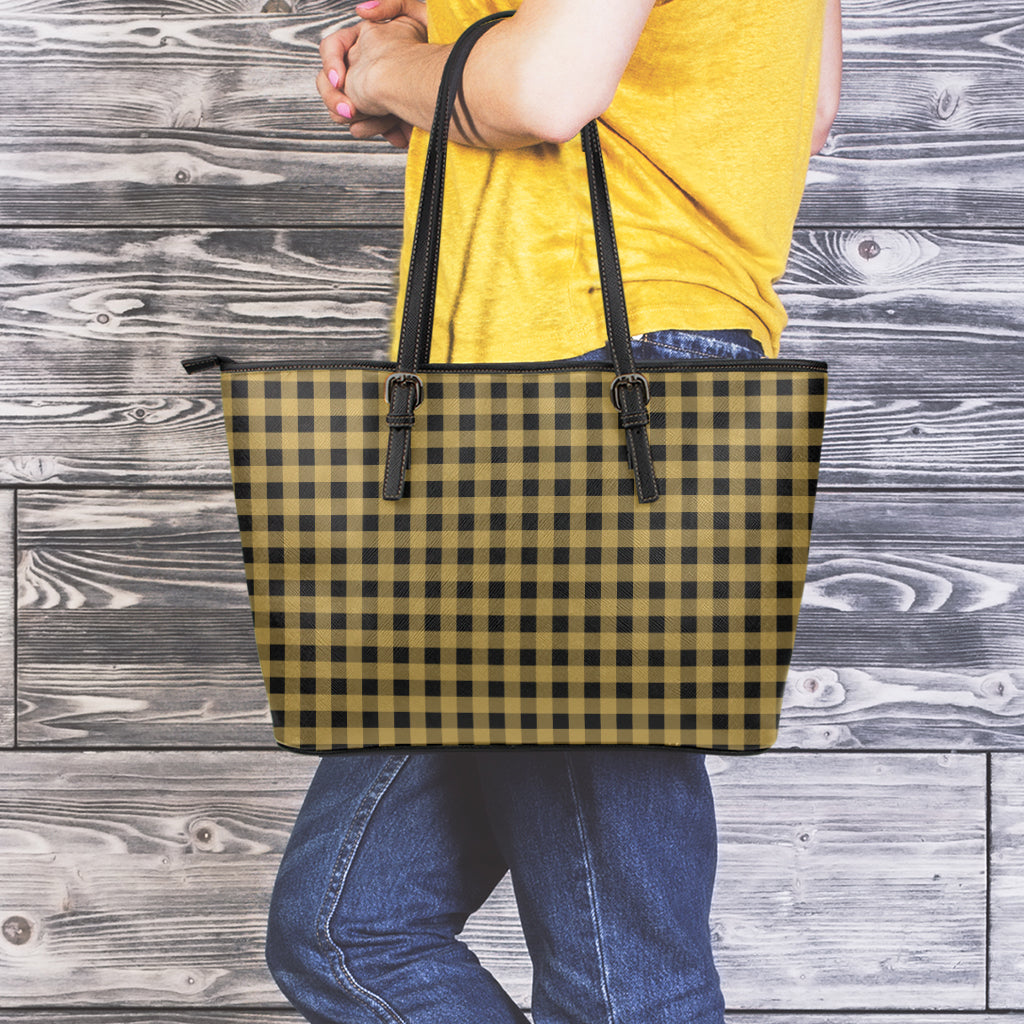 Dark Tan And Black Check Pattern Print Leather Tote Bag